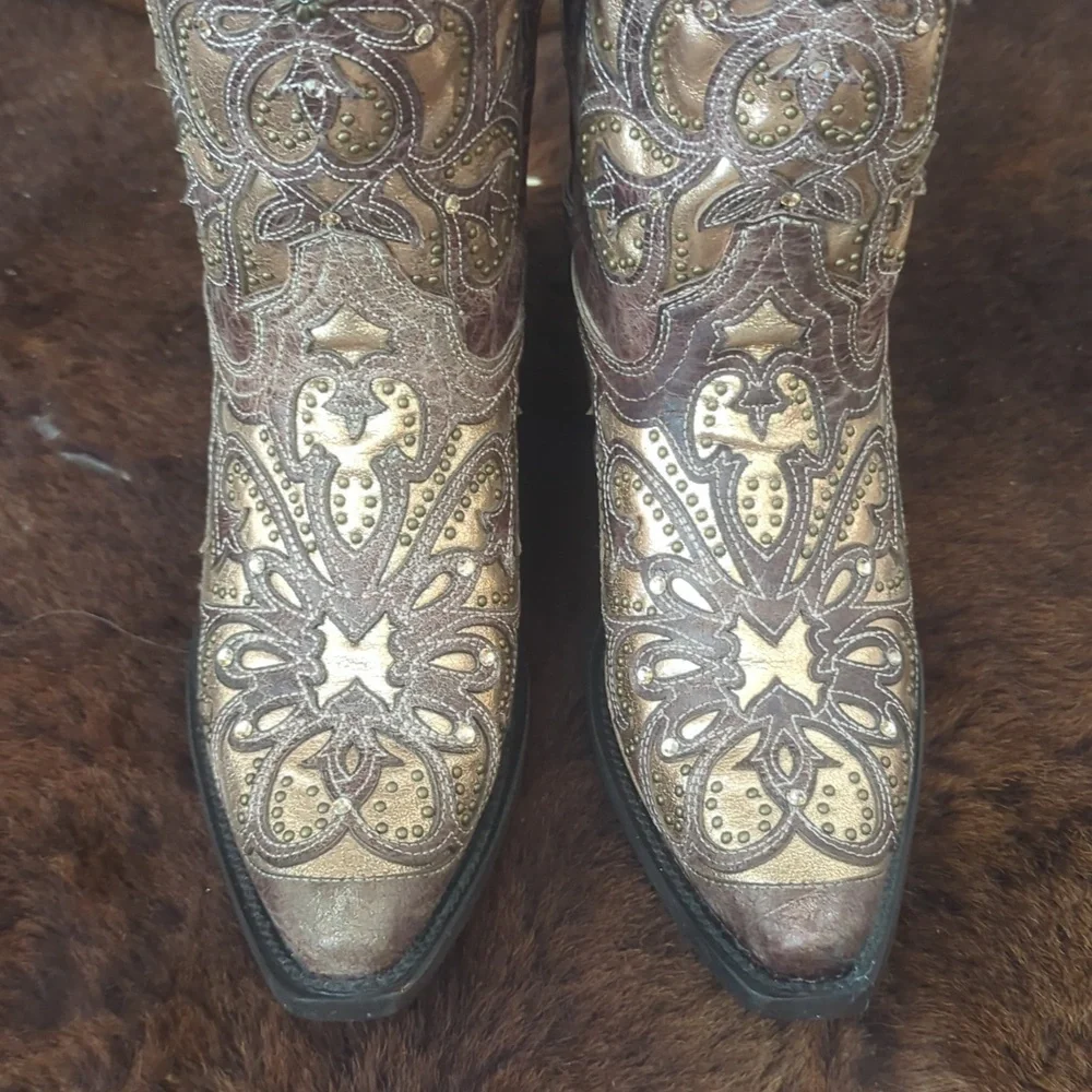 CORRAL E1594 distressed brown leather snip toe cowgirl boots metallic inlay sz 8 - Picture 12 of 16